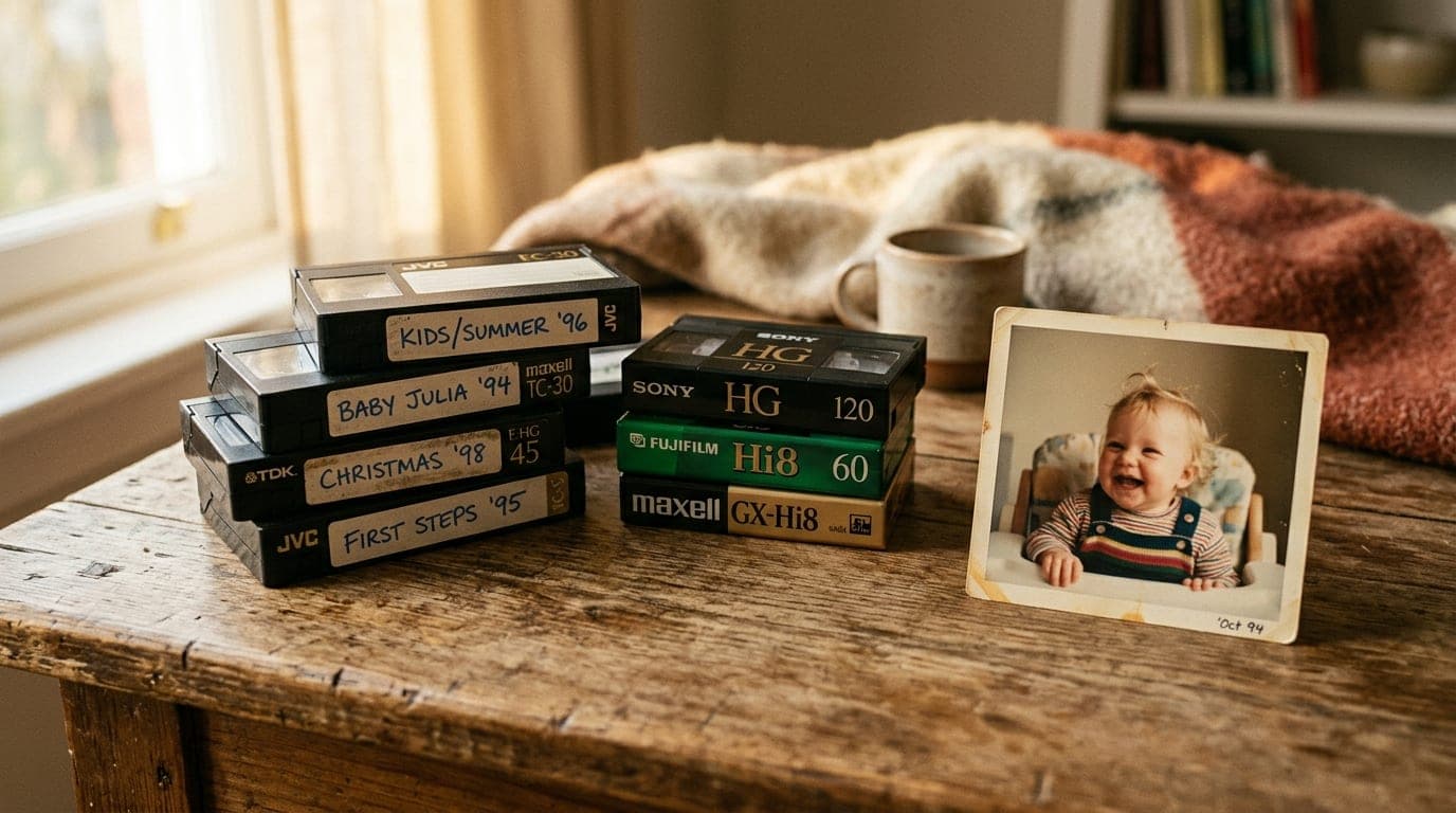 ערימת קלטות וידאו ביתיות משנות ה-90 לצד תמונה מטושטשת של תינוק מחייך — המרת סרטי ילדות לדיגיטל לפני שהקלטות דוהות