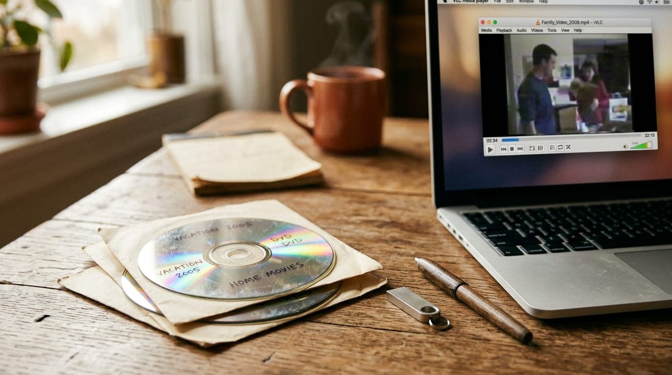 ערימת דיסקי DVD ישנים לצד מחשב נייד וכונן USB — המרת דיסקים ישנים לקובצי MP4 דיגיטליים