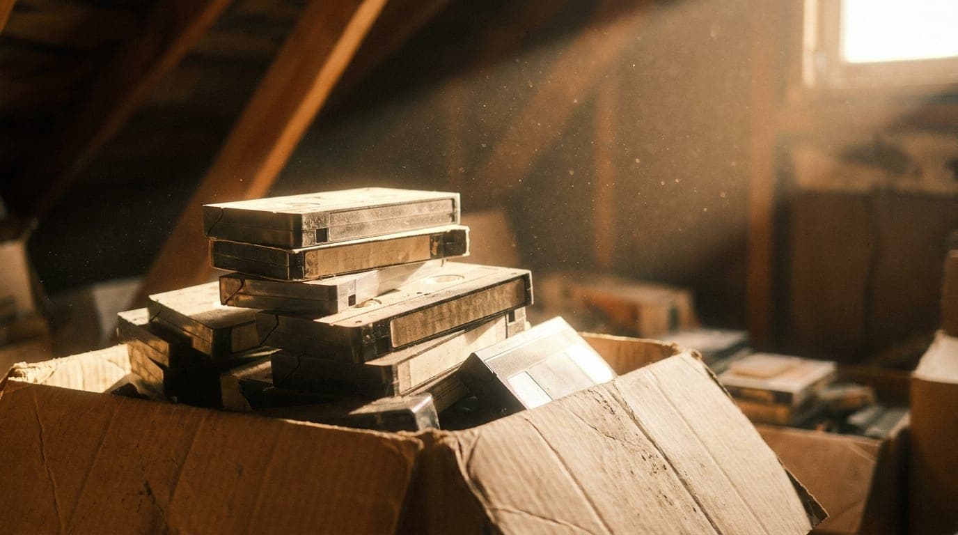 ארגז קרטון עם קלטות VHS ישנות ומאובקות בבוידעם