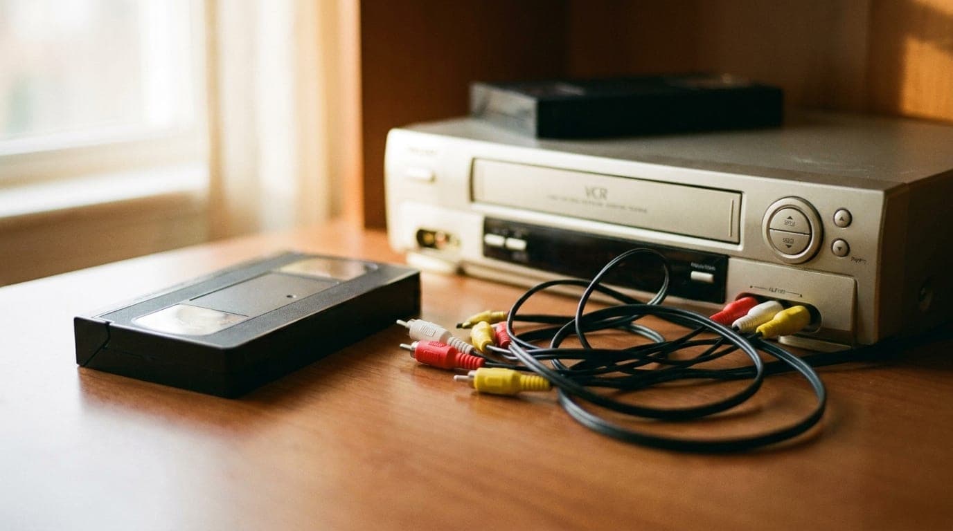 מכשיר וידאו ישן וקלטת VHS עם כבלים על שולחן עץ