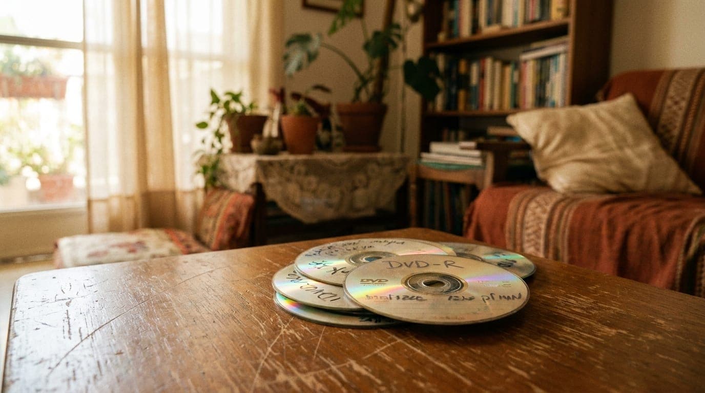 דיסקי DVD ביתיים ישנים שממתינים להמרה לדיגיטל