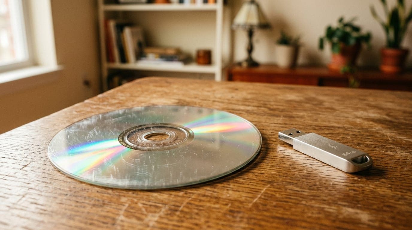 דיסק DVD ישן ומעט שרוט לצד כונן USB כסוף על שולחן עץ — המעבר מדיסק לקובץ דיגיטלי