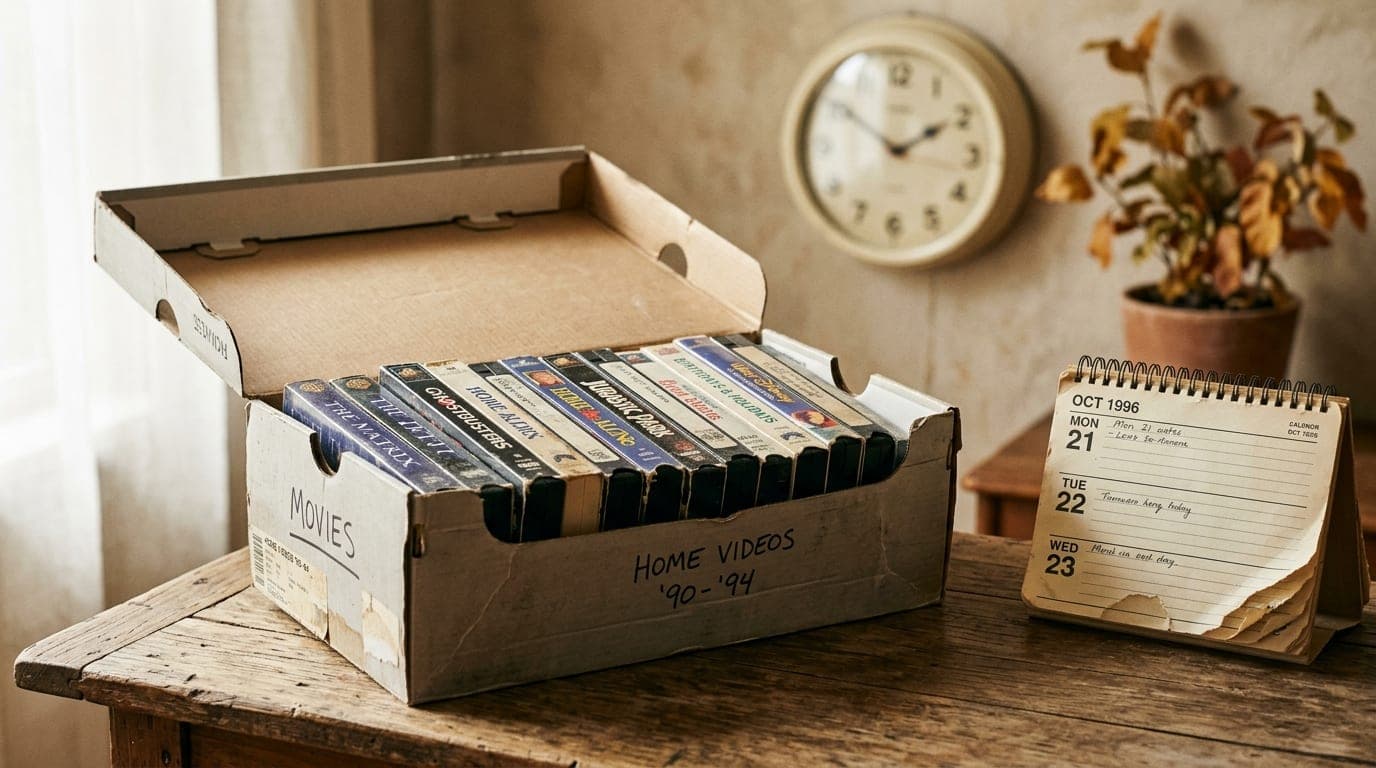 ארגז נעליים מלא בקלטות VHS ישנות על שולחן עץ עם לוח שנה ושעון קיר מטושטש ברקע — זמני המרת קלטות לדיגיטל