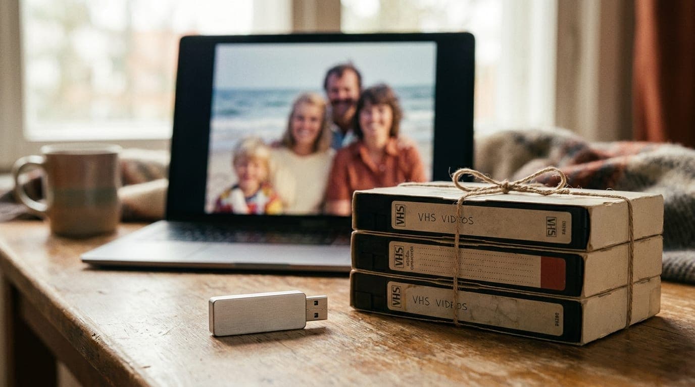 כונן USB עם קובצי וידאו דיגיטליים לצד ערימת קלטות VHS ישנות ומחשב נייד שמציג רגע משפחתי מסרט ביתי — התוצר שמקבלים אחרי המרת קלטות לדיגיטל